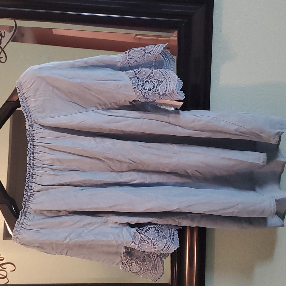 Light Blue off the shoulder blouse with lace sleeves